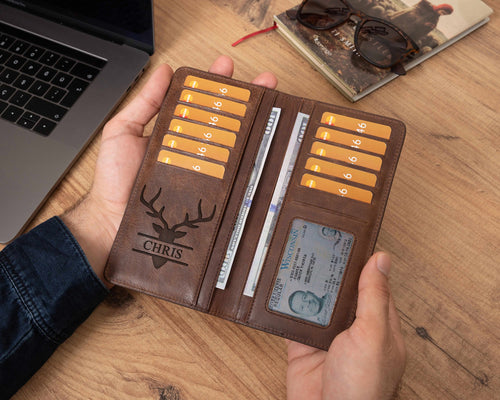 Custom Engraved Long Bifold Wallet - Vintage Leather Checkbook Cover